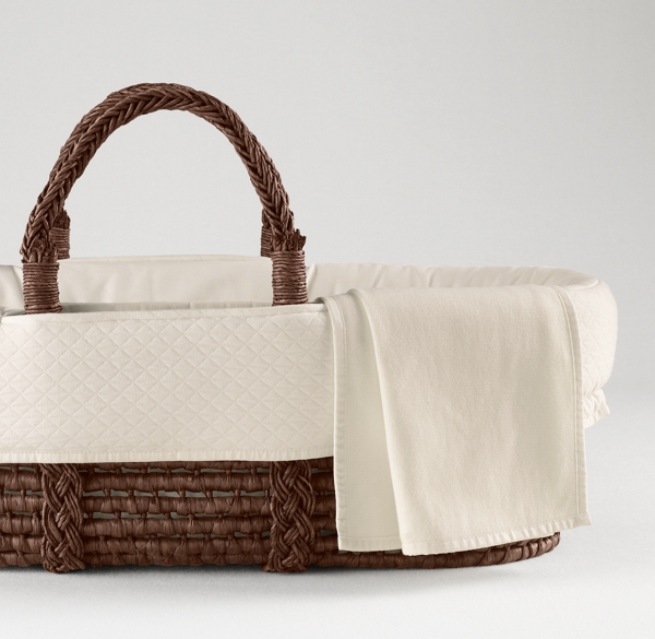 European Vintage-Washed Diamond Matelassé Moses Basket Bedding & Espresso Basket