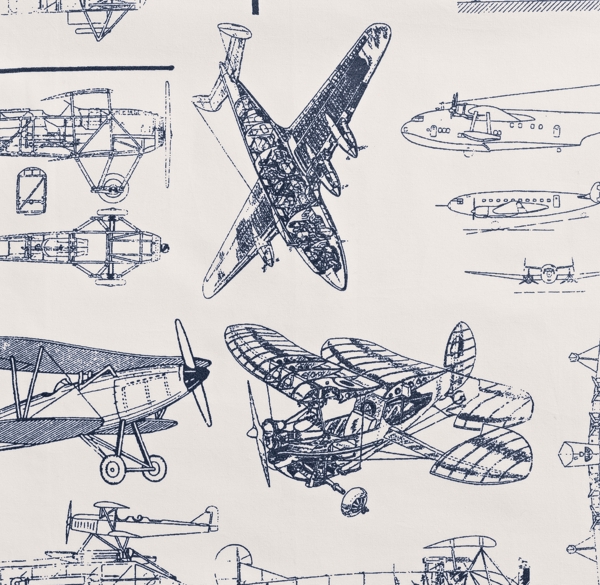 European Vintage Airplane Blueprint Toddler Bedding Swatch