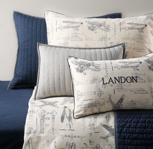 Vintage Airplane Blueprint & European Vintage Washed Percale Bedding Collection