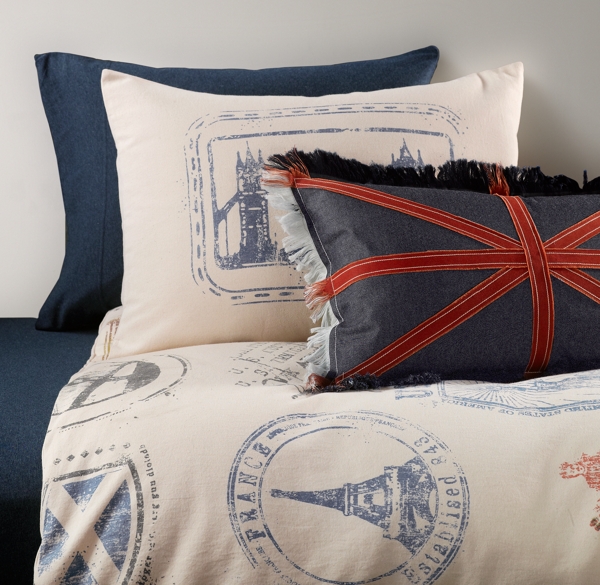 Vintage Passport Stamp & European Heathered Jersey Bedding Collection