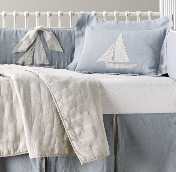 Appliquéd Linen Sailboat & European Anchor Print Nursery Bedding Collection