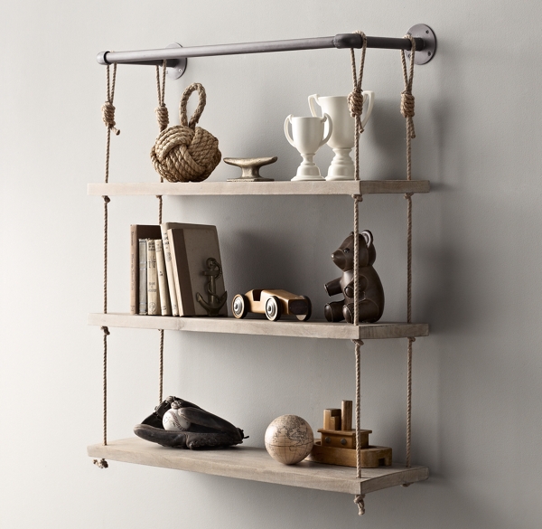 Industrial Pipe &amp; Rope Shelf - 36" Weathered White