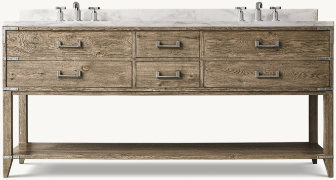 Shown in Waxed Grey Oak/Pewter with Italian Calacatta Marble countertop. Featured with Lambeth Knurled Cross-Handle Low-Profile Widespread Faucet.