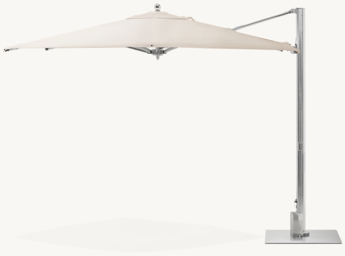 Square canopy shown in Natural Marine-Grade Canvas with Polished Aluminum finish. Featured with TUUCI&#174; Cantilever & Ocean Master Max Umbrella Stand (sold separately).