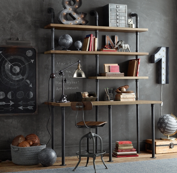 Industrial Pipe Double Desk with Shelving