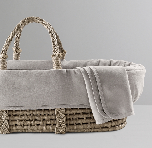 Washed Organic Linen Moses Basket Bedding & Ash Basket Set