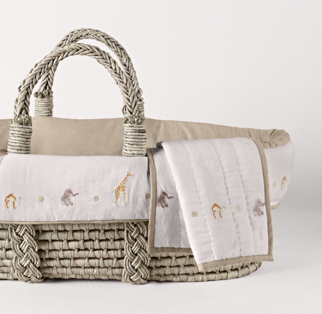 Embroidered Safari Moses Basket Bedding Ash Basket Set