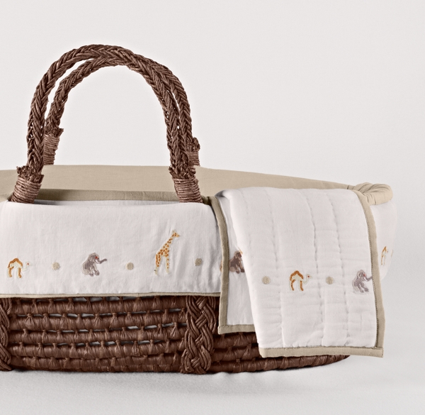 Embroidered Safari Moses Basket Bedding & Espresso Basket Set