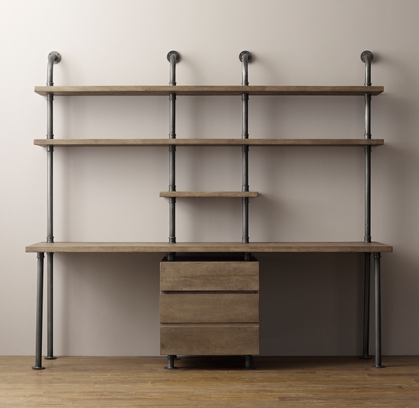 Industrial Pipe Double Desk &amp; Shelving with Drawers