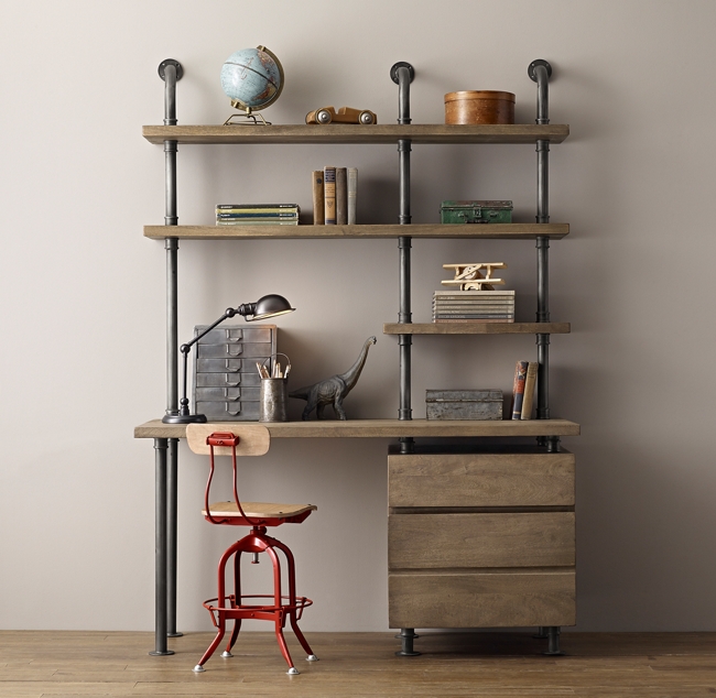 Industrial Pipe Single Desk Shelving With Drawers
