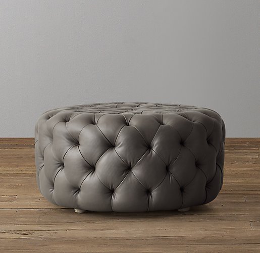 Linden Tufted Round Leather Ottoman, Leather Ottoman Tufted
