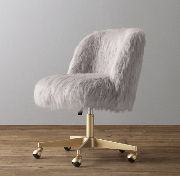 Alessa Grey Kashmir Faux Fur Desk Chair - Antiqued Brass