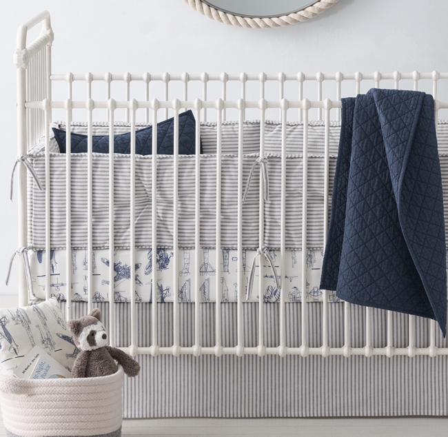 Henley Stripe Vintage Airplane Blueprint Nursery Bedding