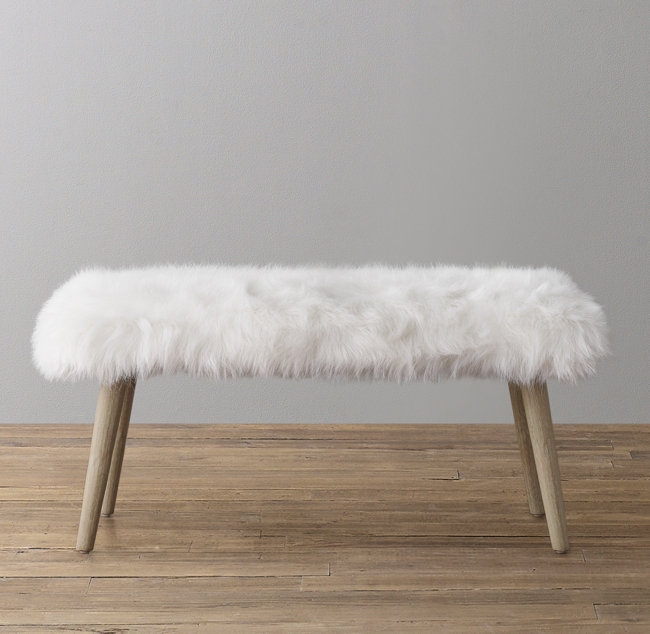 Andeworld White Faux Fur Bench With Acrylic Legs And Nailhead