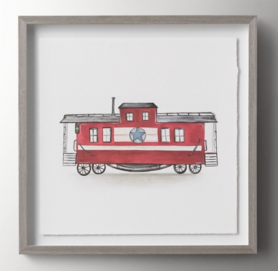 Watercolor Vintage Train Car Art - Red