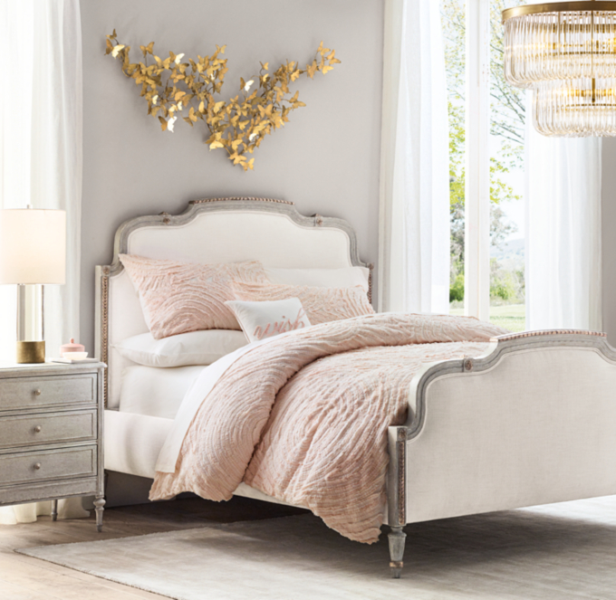 Upholstered bed outlet restoration hardware