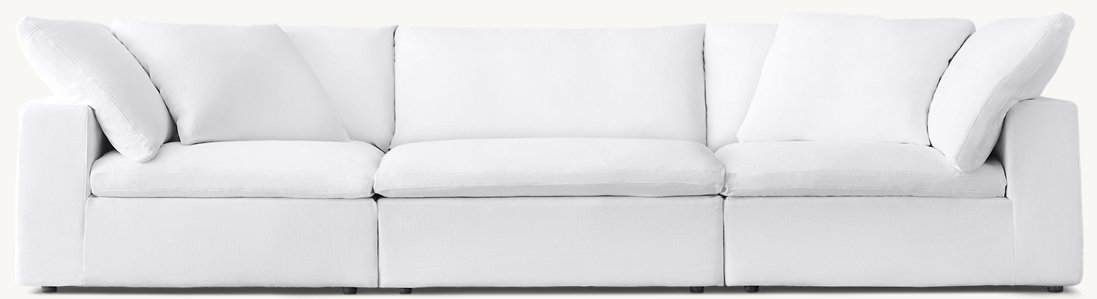 Shown in White Washed Belgian Flax Linen; preconfigured sofa consists of 2 corner chairs and 1 armless chair. Cushion configuration may vary by component.